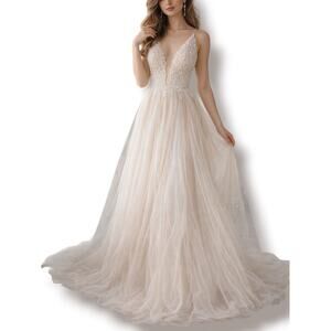 Vienna Prom Beaded Tulle Gown Ivory Nude Deep V Back Formal Maxi Dress